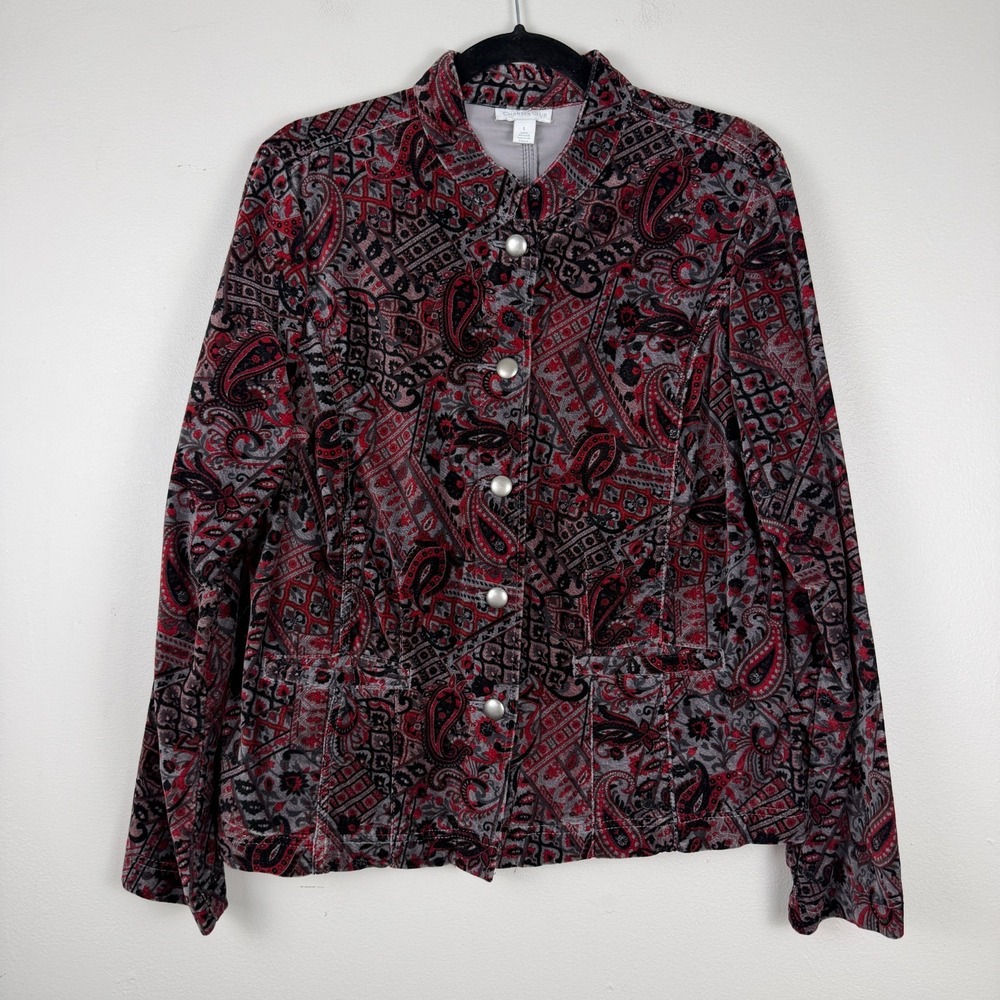 Charter Club Jacket Women's Large Red Black Velvet Paisley Print Button Front